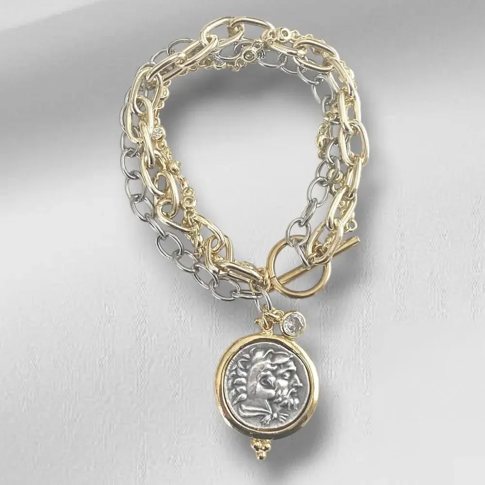 Triple Layer Greek Coin Bracelet, Horse Coin Charm, Mixed Metal Bracelet - Picture 4 of 9